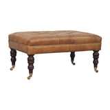 California Walnut Buffalo Tan Leather Ottoman with Castor Legs