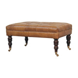 California Walnut Buffalo Tan Leather Ottoman with Castor Legs