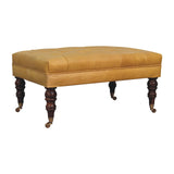 Honey Caramel Buffalo Ash Black Leather Ottoman with Castor Legs