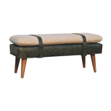 Bouclé Buffalo Hide Olive Green Leather Bench