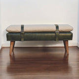 Bouclé Buffalo Hide Olive Green Leather Bench