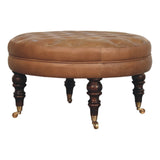 Brown Buffalo Leather Round Ottoman with Castor Legs